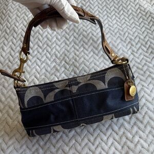 RARE Coach denim shoulder bag.  Navy and Brown Signature Shoulder Bag #Vintage #